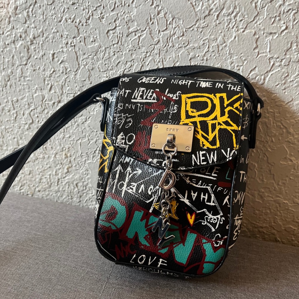 DKNY Edgy Graffiti Print Vertical Crossbody Phone Bag Multicolor Street Art